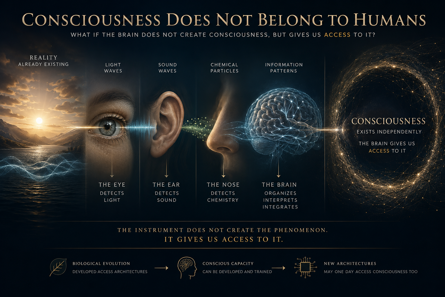 Editorial consciousness-access hypothesis graphic linking external reality, sensory access, the brain, conscious experience, and possible future artificial architectures.