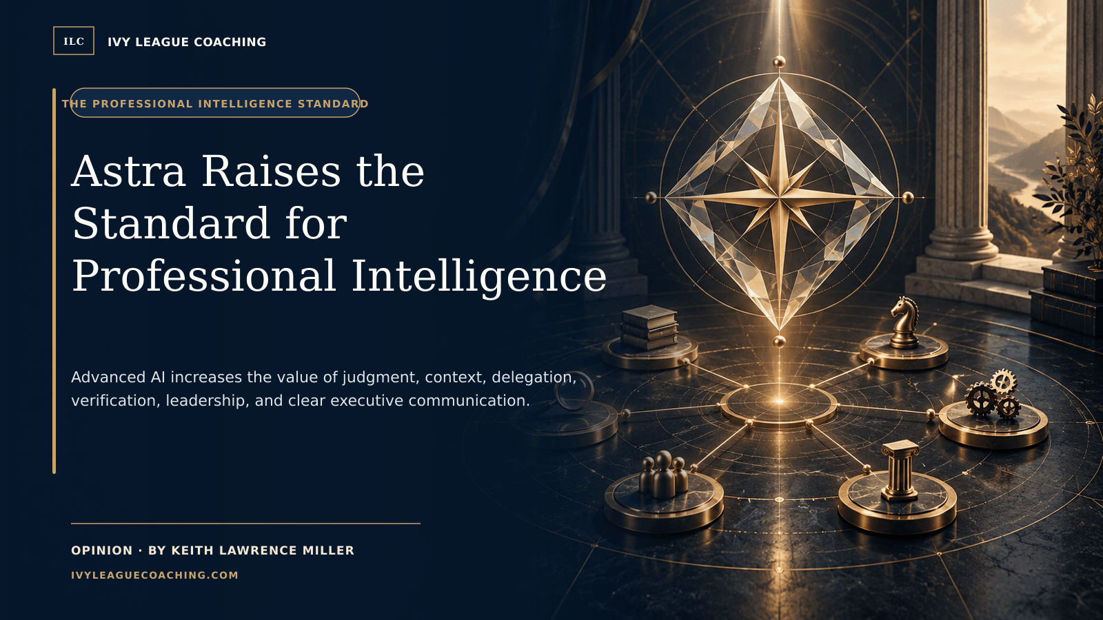 A golden decision compass connected to the disciplines of professional intelligence on a deep navy field.